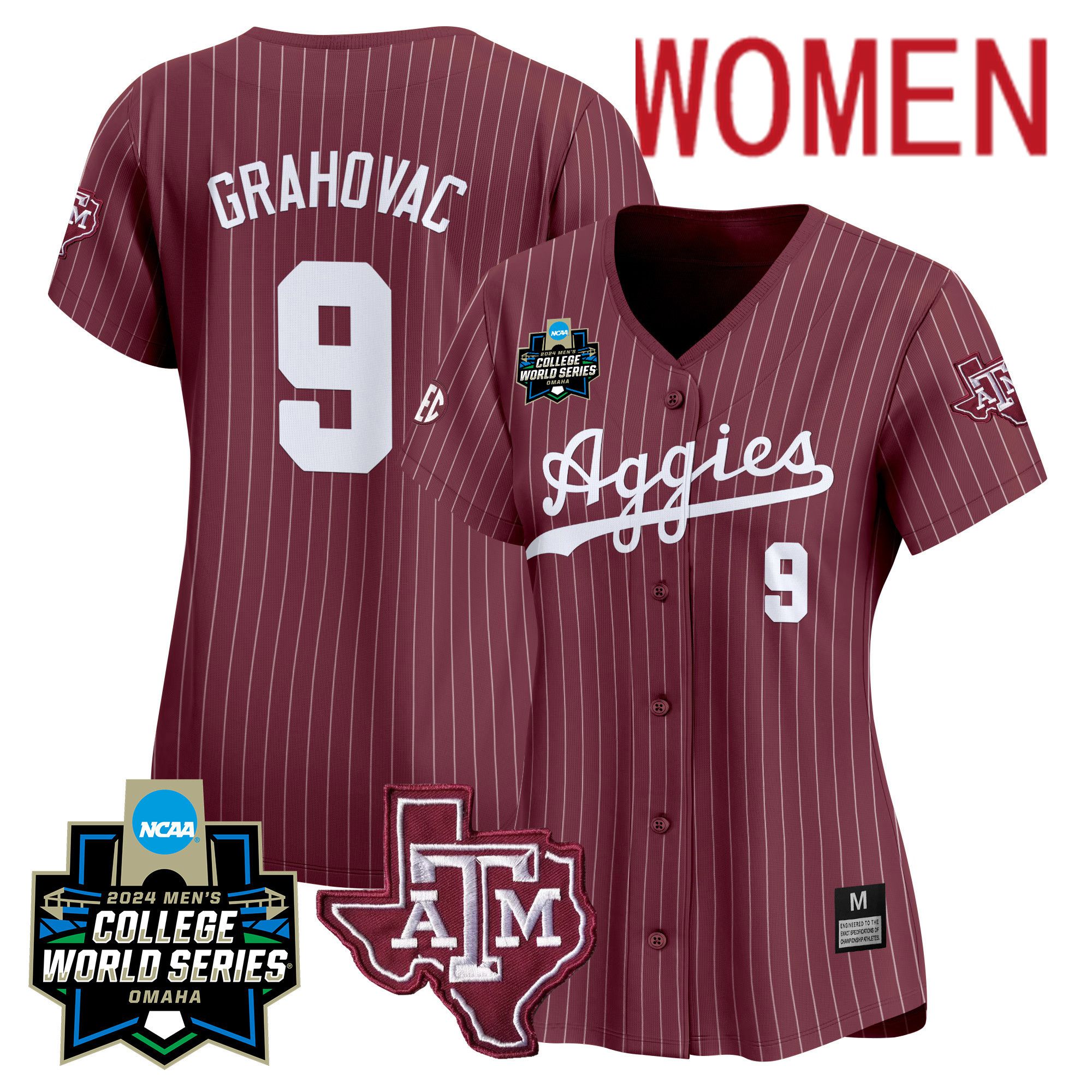 Women Texas A&M Aggies #9 Grahovac Red Stripe 2024 College World Series Vapor Premier Limited NCAA Jersey->women nfl jersey->Women Jersey